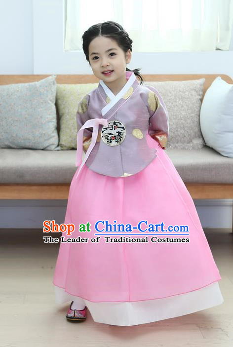 Korean National Handmade Formal Occasions Girls Clothing Palace Hanbok Costume Embroidered Purple Blouse and Pink Dress for Kids