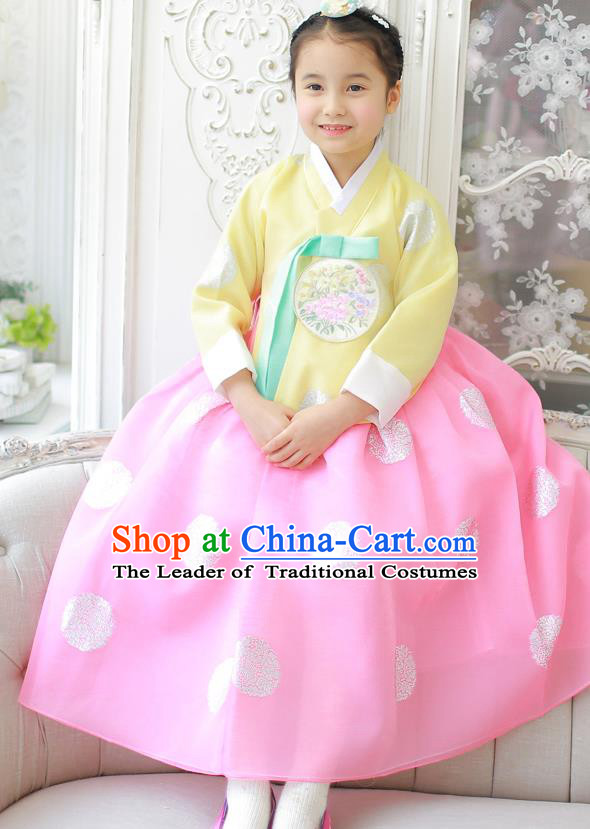 Korean National Handmade Formal Occasions Girls Clothing Palace Hanbok Costume Embroidered Yellow Blouse and Pink Dress for Kids