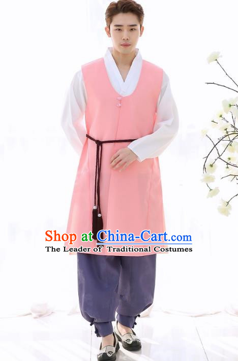 Asian Korean National Traditional Formal Occasions Wedding Bridegroom Embroidery Pink Long Vest Hanbok Costume Complete Set for Men