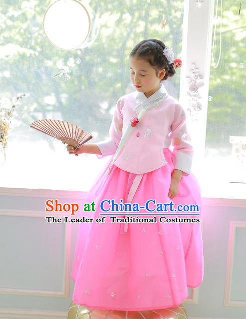 Korean National Handmade Formal Occasions Girls Clothing Palace Hanbok Costume Embroidered Pink Blouse and Dress for Kids