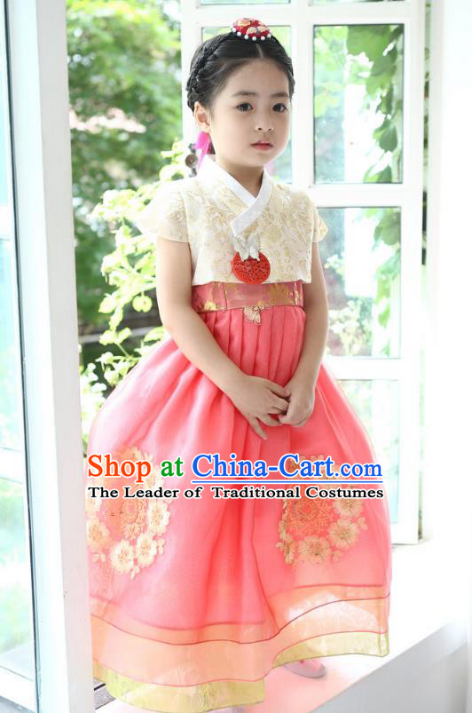 Korean National Handmade Formal Occasions Girls Clothing Palace Hanbok Costume Embroidered Yellow Blouse and Red Dress for Kids