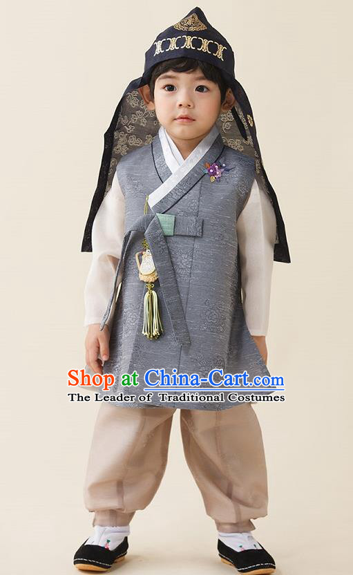 Asian Korean National Traditional Handmade Formal Occasions Boys Embroidery Light Grey Vest Hanbok Costume Complete Set for Kids