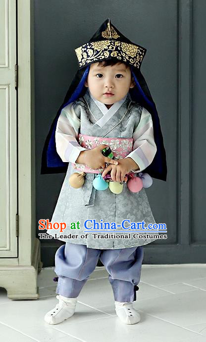 Asian Korean National Traditional Handmade Formal Occasions Boys Embroidery Grey Vest Hanbok Costume Complete Set for Kids