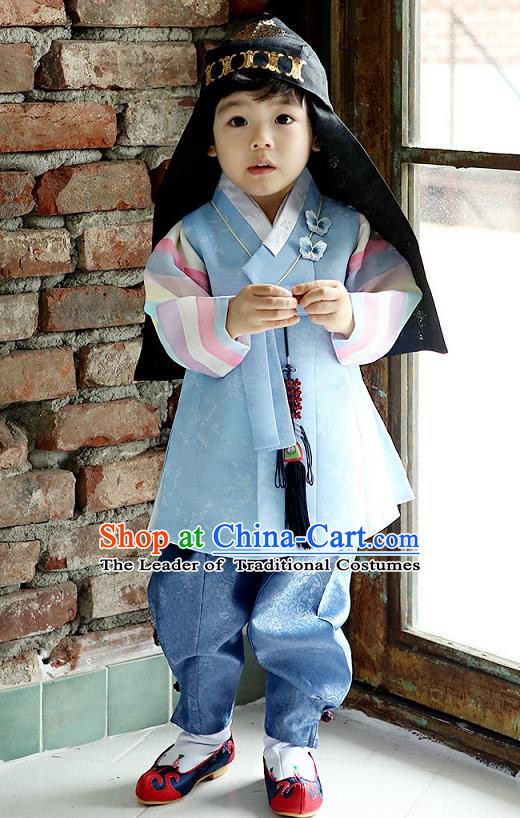 Asian Korean National Traditional Handmade Formal Occasions Boys Embroidery Blue Vest Hanbok Costume Complete Set for Kids