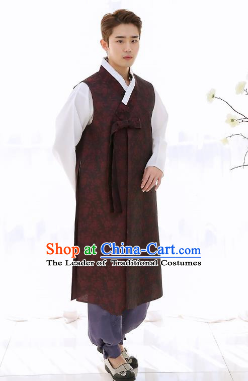 Asian Korean National Traditional Formal Occasions Wedding Bridegroom Embroidery Dark Red Long Vest Palace Hanbok Costume Complete Set for Men