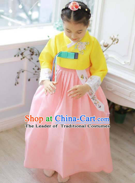 Korean National Handmade Formal Occasions Girls Clothing Palace Hanbok Costume Embroidered Yellow Blouse and Pink Dress for Kids