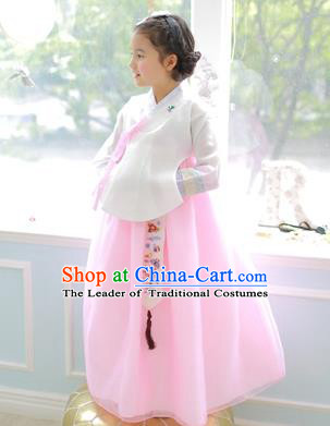 Korean National Handmade Formal Occasions Girls Clothing Palace Hanbok Costume Embroidered White Blouse and Pink Dress for Kids