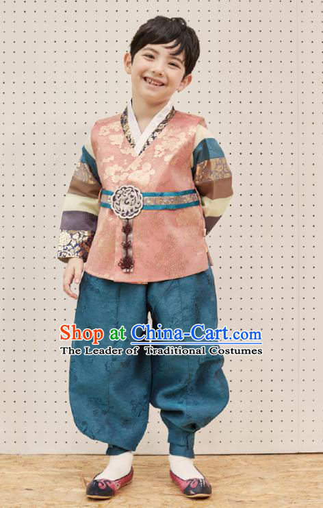 Asian Korean National Traditional Handmade Formal Occasions Boys Embroidery Orange Vest Hanbok Costume Complete Set for Kids