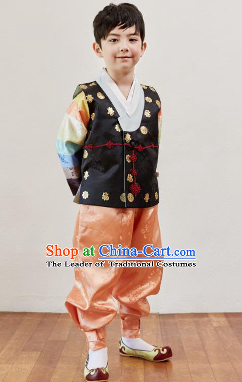 Asian Korean National Traditional Handmade Formal Occasions Boys Embroidery Black Vest Hanbok Costume Complete Set for Kids