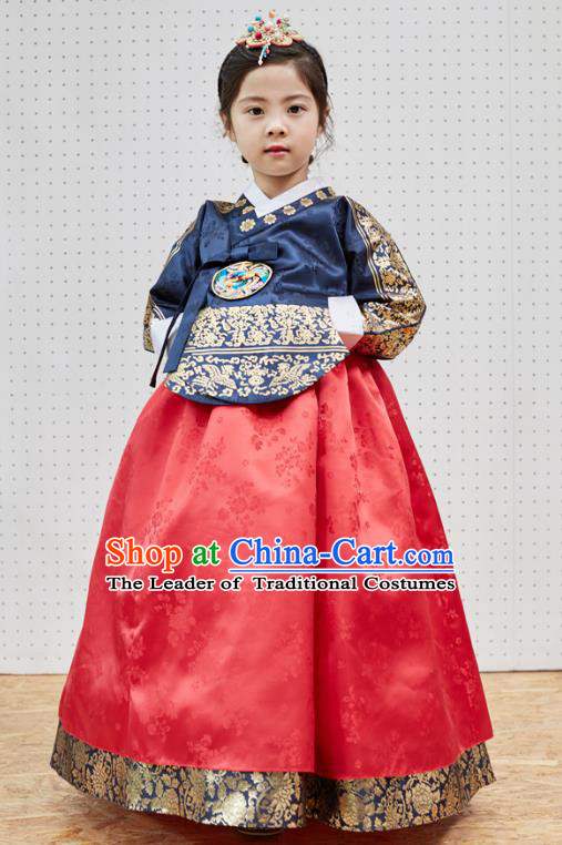 Traditional Korean National Handmade Formal Occasions Girls Clothing Palace Hanbok Costume Embroidered Navy Blouse and Red Dress for Kids