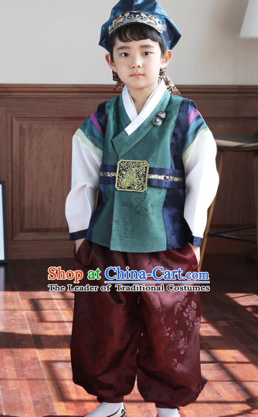 Asian Korean National Traditional Handmade Formal Occasions Boys Embroidery Green Vest Hanbok Costume Complete Set for Kids