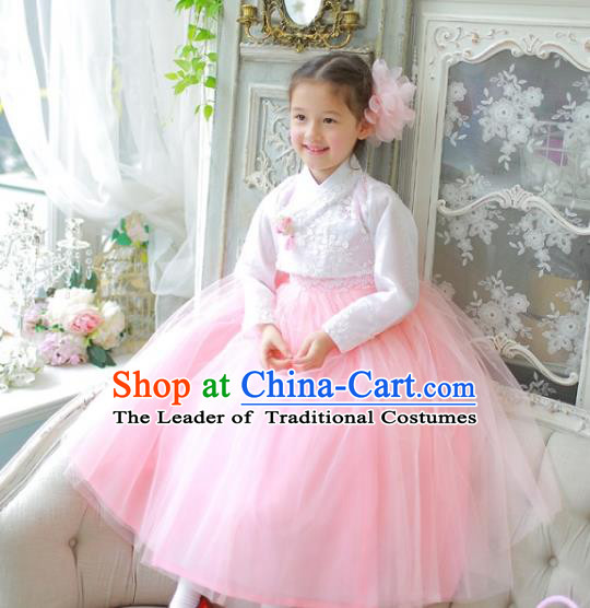 Traditional Korean National Handmade Formal Occasions Girls Clothing Palace Hanbok Costume Embroidered White Blouse and Pink Dress for Kids