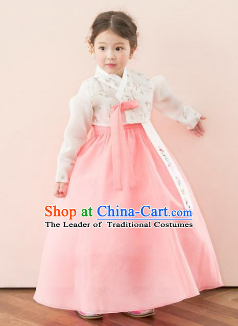 Traditional Korean National Handmade Formal Occasions Girls Palace Hanbok Costume Embroidered White Blouse and Pink Dress for Kids