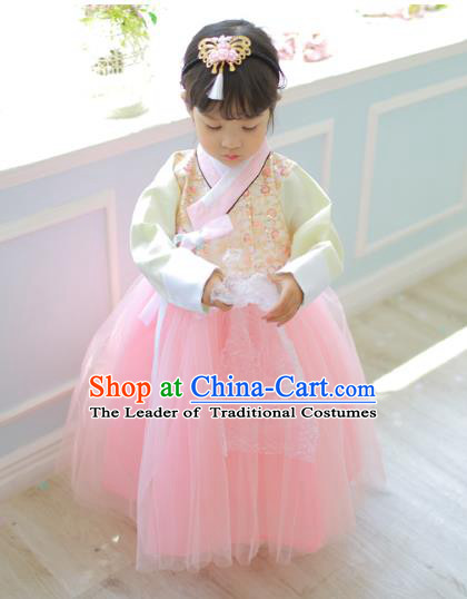 Traditional Korean National Handmade Formal Occasions Girls Palace Hanbok Costume Embroidered Beige Blouse and Pink Dress for Kids