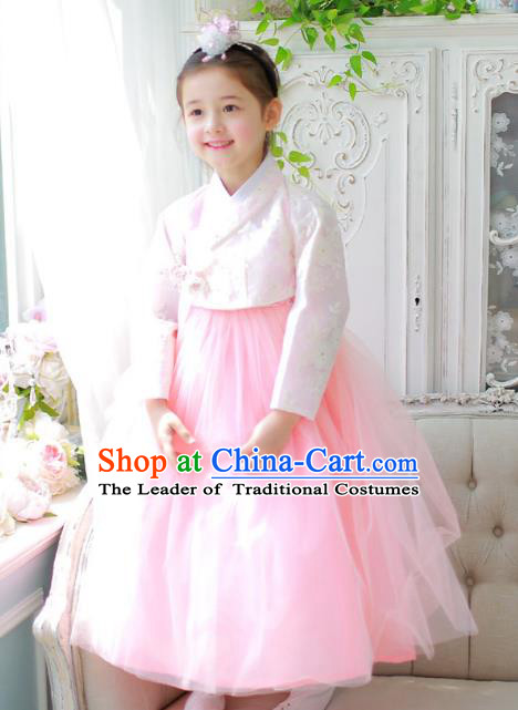 Traditional Korean National Handmade Formal Occasions Girls Palace Hanbok Costume Embroidered Pink Blouse and Dress for Kids