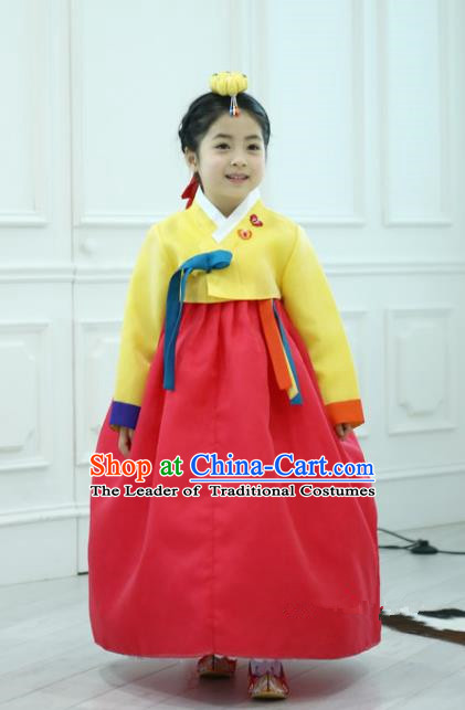 Traditional Korean National Handmade Formal Occasions Girls Clothing Palace Hanbok Costume Embroidered Yellow Blouse and Red Dress for Kids