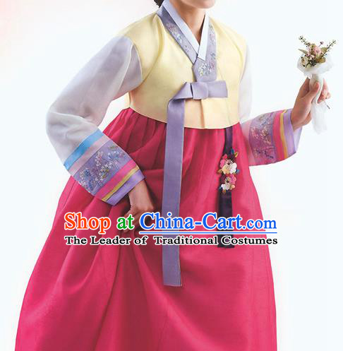 Top Grade Korean National Handmade Wedding Palace Bride Hanbok Costume Embroidered Yellow Blouse and Pink Dress for Women