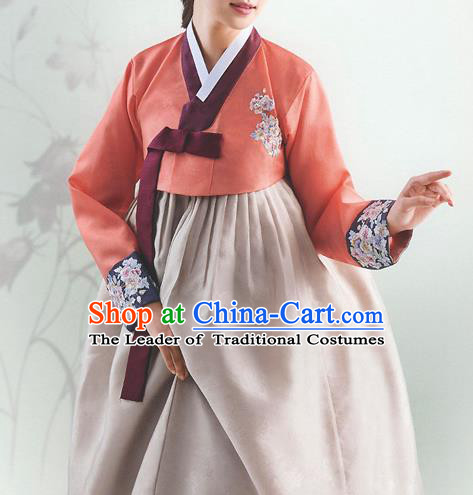 Top Grade Korean National Handmade Wedding Palace Bride Hanbok Costume Embroidered Orange Blouse and Grey Dress for Women