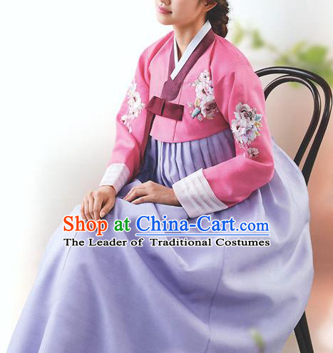 Top Grade Korean National Handmade Wedding Palace Bride Hanbok Costume Embroidered Pink Blouse and Purple Dress for Women