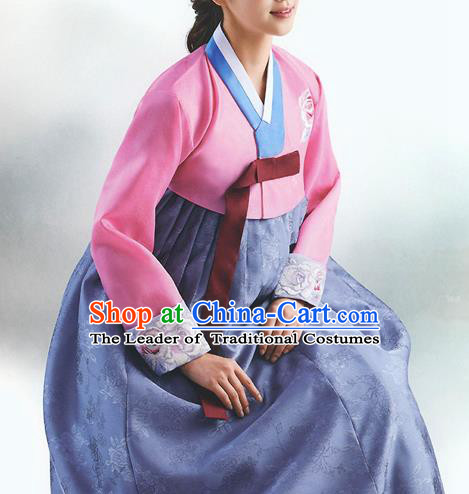 Top Grade Korean National Handmade Wedding Palace Bride Hanbok Costume Embroidered Pink Blouse and Purple Dress for Women