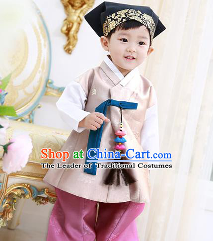 Asian Korean National Traditional Handmade Formal Occasions Boys Embroidery Beige Vest Hanbok Costume Complete Set for Kids