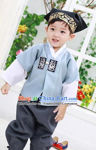 Asian Korean National Traditional Handmade Formal Occasions Boys Embroidery Blue Vest Hanbok Costume Complete Set for Kids