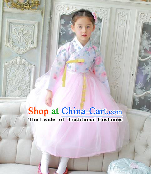 Traditional Korean National Handmade Formal Occasions Girls Clothing Palace Hanbok Costume Printing Blouse and Pink Dress for Kids