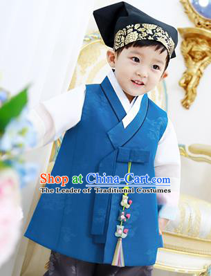 Traditional Asian Korean National Handmade Formal Occasions Boys Embroidery Blue Vest Hanbok Costume Complete Set for Kids