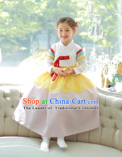 Traditional Korean National Handmade Formal Occasions Girls Clothing Palace Hanbok Costume Embroidered White Blouse and Yellow Dress for Kids