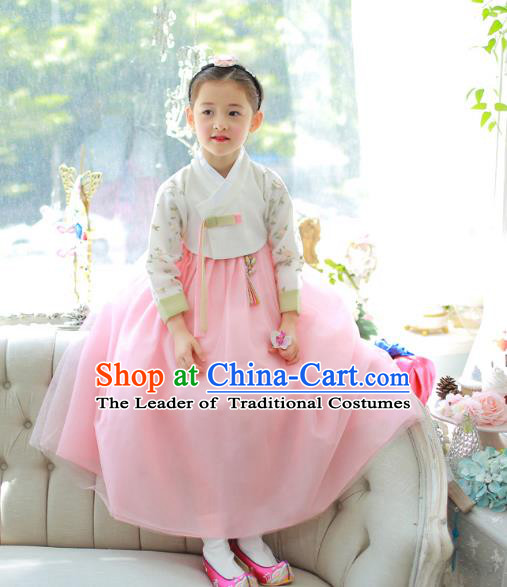 Traditional Korean National Handmade Formal Occasions Girls Clothing Palace Hanbok Costume Embroidered White Blouse and Pink Dress for Kids