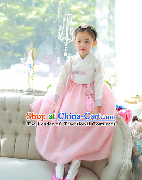 Traditional Korean National Handmade Formal Occasions Girls Palace Hanbok Costume Embroidered White Blouse and Pink Dress for Kids