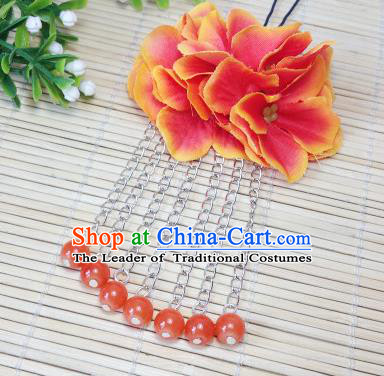 Traditional Chinese Ancient Classical Hair Accessories Orange Flowers Beads Tassel Step Shake Bride Hairpins for Women