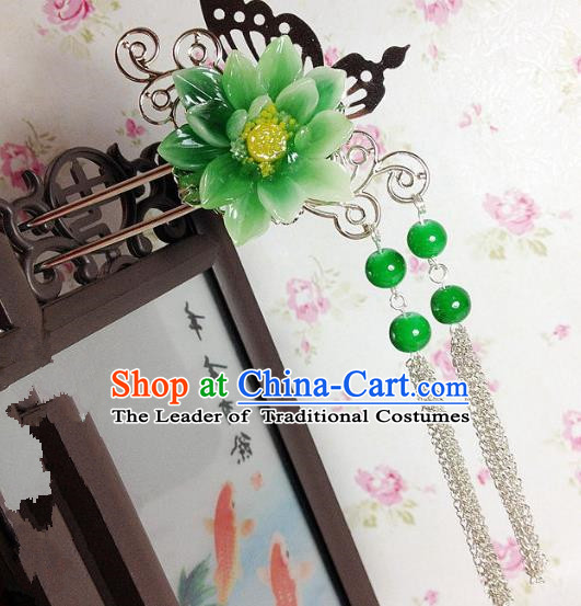 Traditional Chinese Ancient Classical Hair Accessories Hanfu Green Flower Hair Clip Tassel Step Shake Bride Hairpins for Women