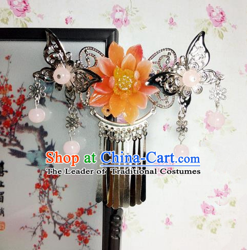 Traditional Chinese Ancient Classical Hair Accessories Princess Orange Flower Butterfly Hair Comb Tassel Step Shake Hairpins for Women