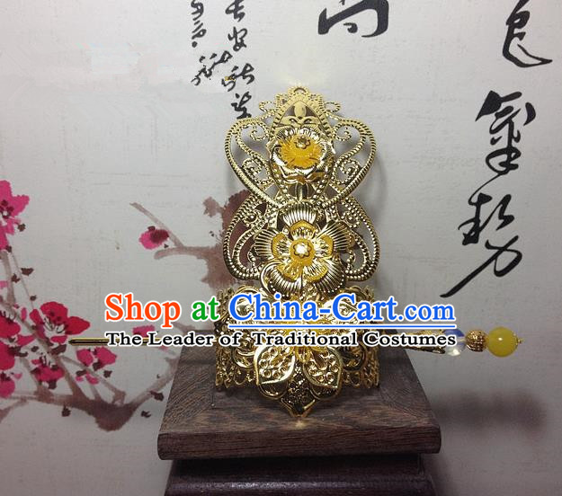 Traditional Handmade Chinese Classical Hair Accessories, Ancient Royal Highness Golden Tuinga Hairdo Crown for Men