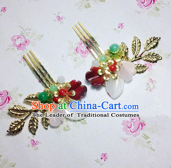 Traditional Chinese Ancient Classical Hair Accessories Hanfu Golden Leaf Hair Comb Step Shake Bride Hairpins for Women