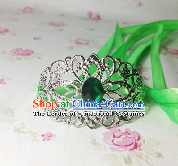 Traditional Handmade Chinese Classical Hair Accessories, Ancient Royal Highness Green Crystal Ribbon Headband Tuinga Hairdo Crown for Men