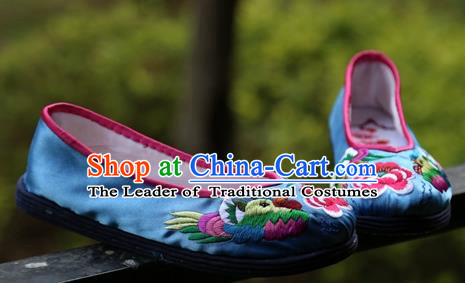 Asian Chinese Traditional Shoes Bride Xiuhe Suit Blue Embroidered Shoes, China Peking Opera Handmade Embroidery Shoe Hanfu Princess Shoes for Women