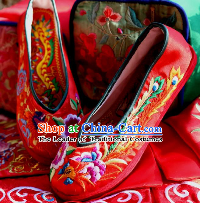 Asian Chinese Traditional Shoes Wedding Bride Red Embroidered Shoes, China Peking Opera Handmade Embroidery Phoenix Hanfu Shoes for Women