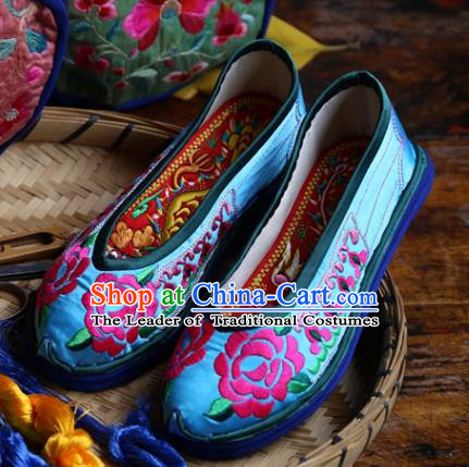 Asian Chinese Traditional Shoes Wedding Bride Blue Embroidered Shoes, China Handmade Embroidery Peony Hanfu Shoes for Women