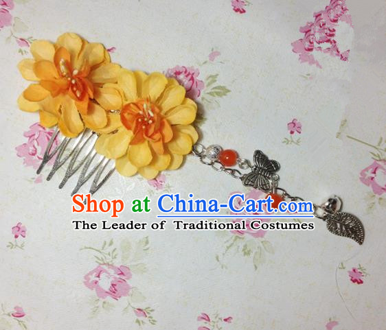 Traditional Chinese Ancient Classical Hair Accessories Hanfu Orange Flowers Hair Comb Bride Butterfly Tassel Hairpins for Women