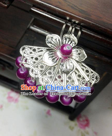 Traditional Chinese Ancient Classical Hair Accessories Hanfu Purple Beads Tassel Hair Clip Bride Hairpins for Women