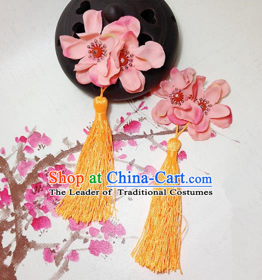 Traditional Chinese Ancient Classical Hair Accessories Hanfu Flowers Yellow Tassel Hair Stick Bride Hairpins for Women