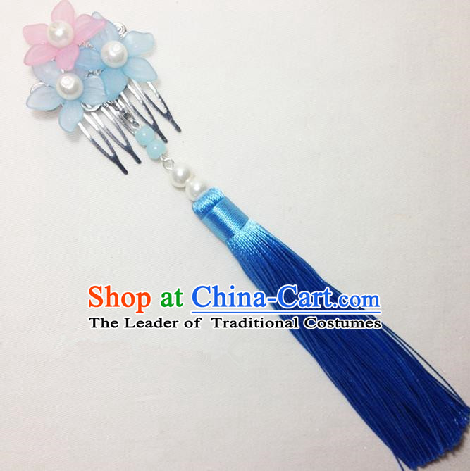 Traditional Chinese Ancient Classical Hair Accessories Hanfu Cheongsam Hair Comb Bride Blue Tassel Hairpins for Women