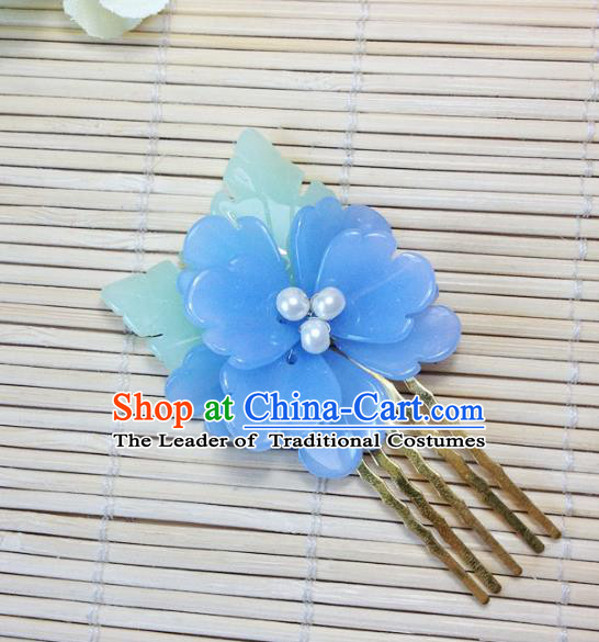 Traditional Chinese Ancient Classical Hair Accessories Hanfu Hair Comb Blue Flower Hairpins for Women