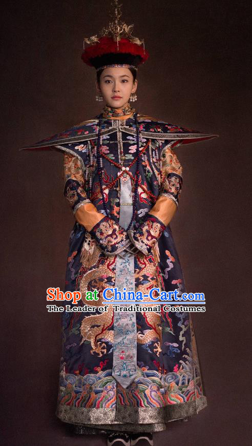 Traditional Ancient Chinese Qing Dynasty Palace Lady Manchu Imperial Concubine Embroidered Costume and Handmade Headpiece Complete Set for Women