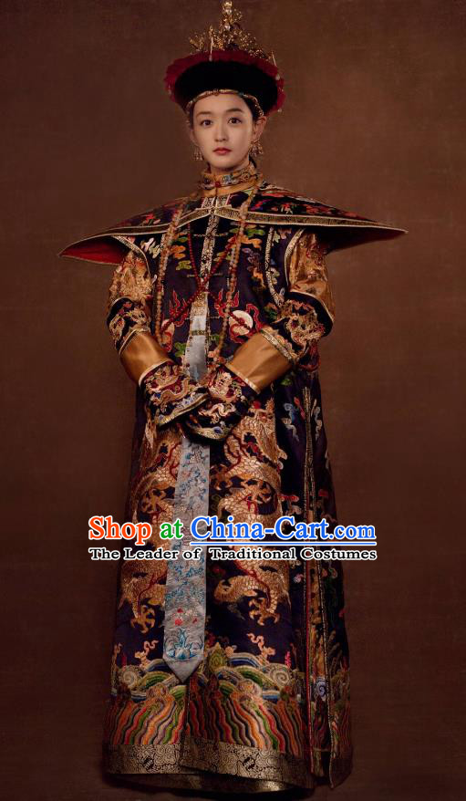 Traditional Ancient Chinese Qing Dynasty Palace Lady Court Dress Manchu Empress Embroidered Costume and Headpiece Complete Set