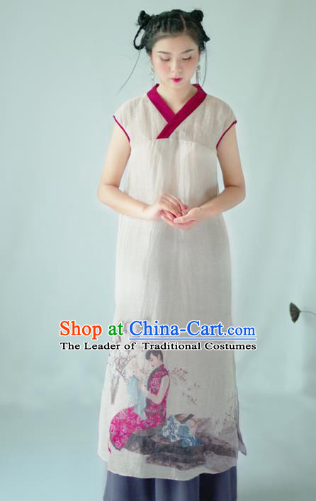 Asian China National Costume Hanfu Printing Qipao Dress, Traditional Chinese Tang Suit Cheongsam Clothing for Women