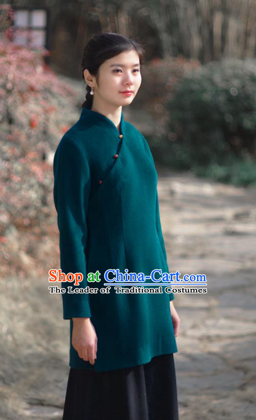 Asian China National Costume Hanfu Slant Opening Green Woolen Qipao Coat, Traditional Chinese Tang Suit Cheongsam Shirts Clothing for Women