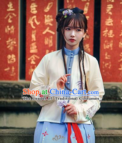 Asian China Ming Dynasty Young Lady Costume Embroidered Blouse, Traditional Ancient Chinese Princess Hanfu Shirts Clothing for Women